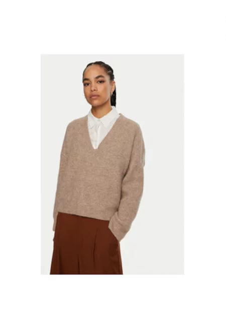 Дамски пуловер -  304354151 - Вълна алпака/Вълна/Рециклиран полиестер - Бежов - Бежов