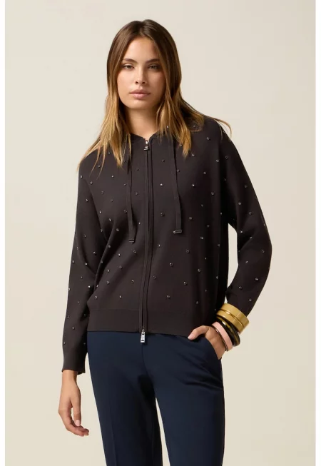 Худи с цип и декоративни камъни 1 - Тъмнокафяв