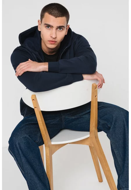 Худи с цип и лого - Бял/Тъмносин