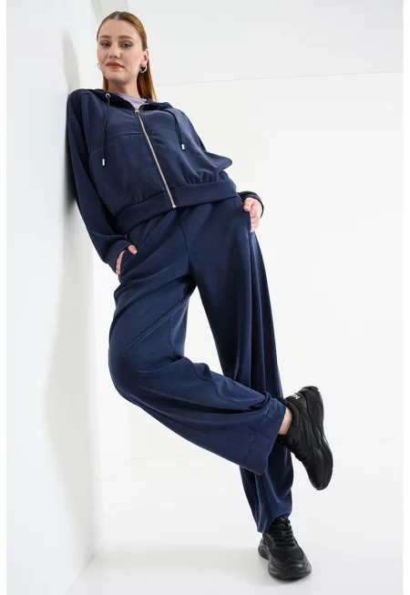 Худи с цип и паднали ръкави - Тъмносин