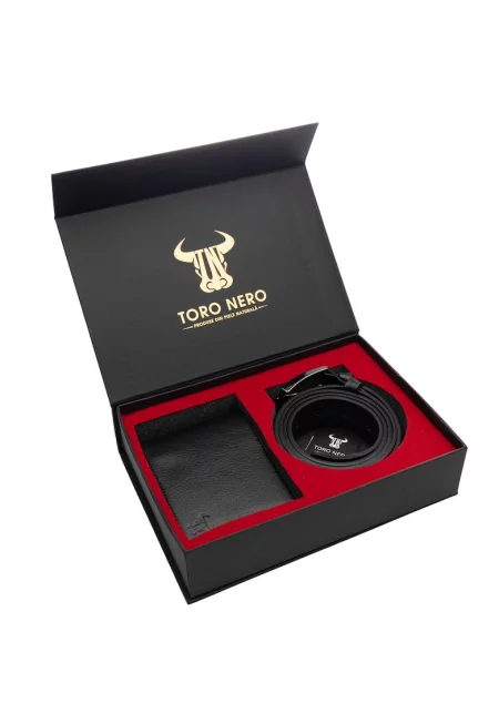 Комплект портфейл и колан - мъжки - от естествена кожа - Черен - Muselles