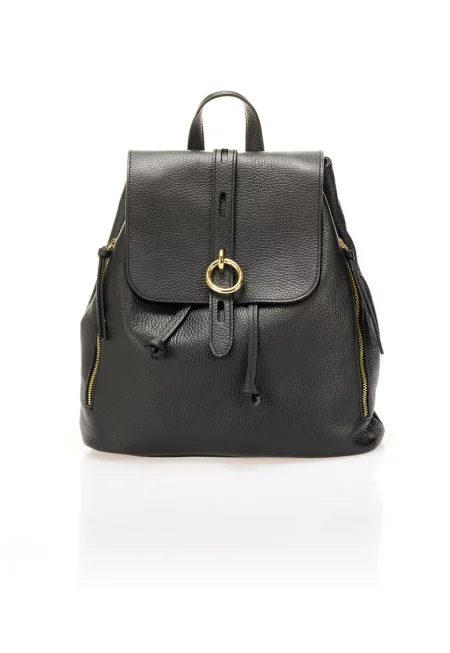 Кожена раница с текстилни презрамки - Черен