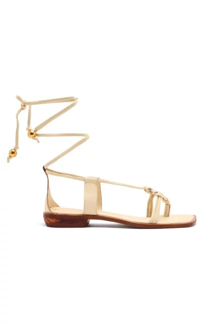 Кожени сандали с квадратен ток - Мръснобял