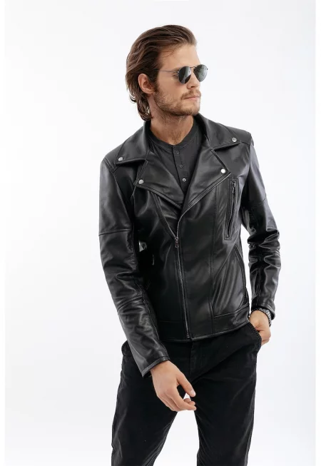 Кожено яке Biker с асиметрично закопчаване - Черен