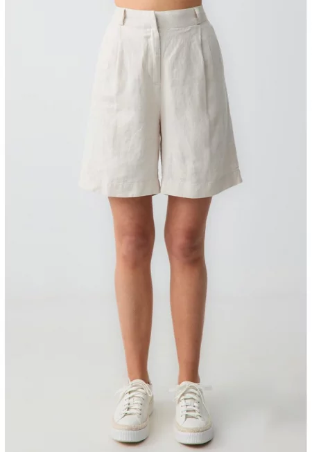 Ленен къс панталон с висока талия - Светло сив