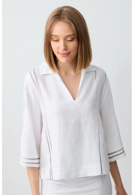 Ленена блуза с контрасти - Бял