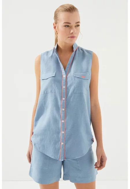 Ленена риза без ръкави - Светлосин