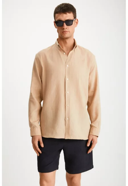 Ленена риза със свободна кройка - Камел