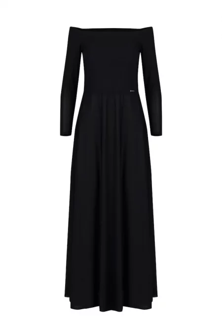 Макси рокля  модел M707 - черна - с голи рамене и дълги ръкави - полиестер