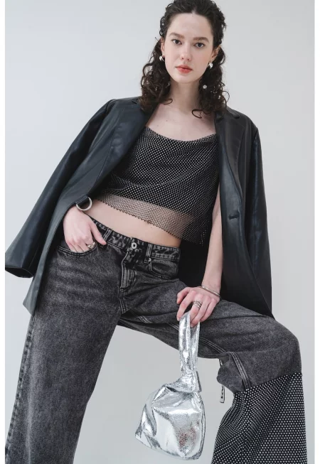 Мрежест топ с дизайн 2е1 и лого - Черен/Сребрист