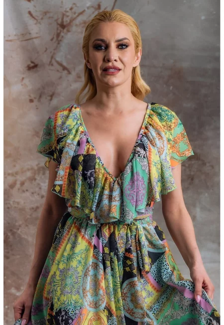 Набрана рокля с принт и шпиц - Многоцветен