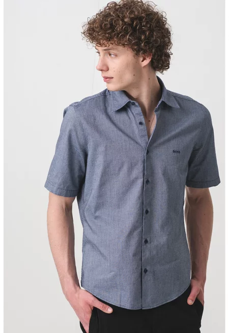 Памучна риза с къси ръкави - Тъмносин