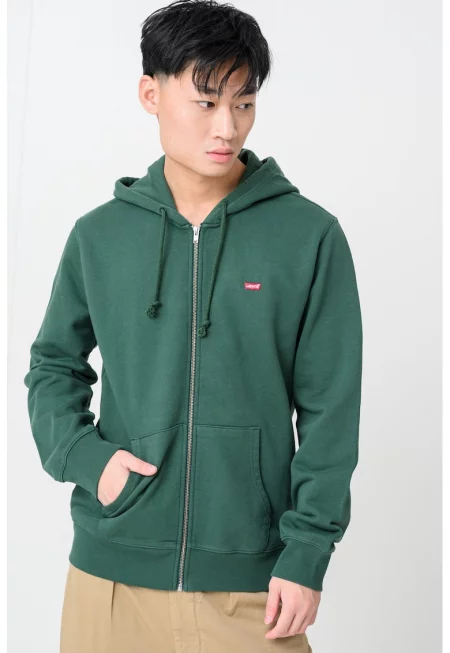 Памучно худи с цип - Червен/Тъмнозелен