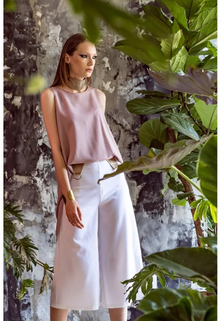 Панталон 3/4 с висока талия - Бял/Златист