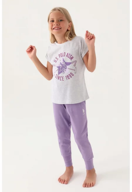 Пижама с къси ръкави и лого - Сив меланж/Бледовиолетов