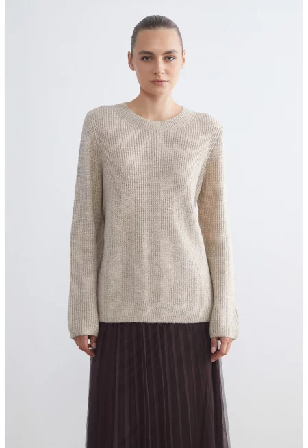 Пуловер с овално деколте - Светлобежов меланж