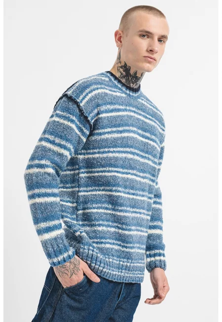 Раиран пуловер с вълна с овално деколте - Прашно синьо/Син меланж/Мръснобял