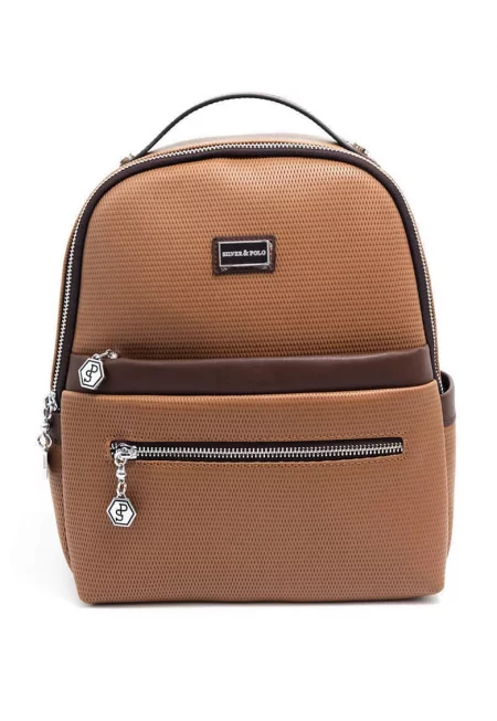 Раница от еко кожа с джобове с цип - Карамел