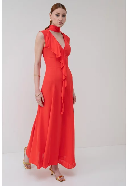 Рокля с връзка - Аленочервен