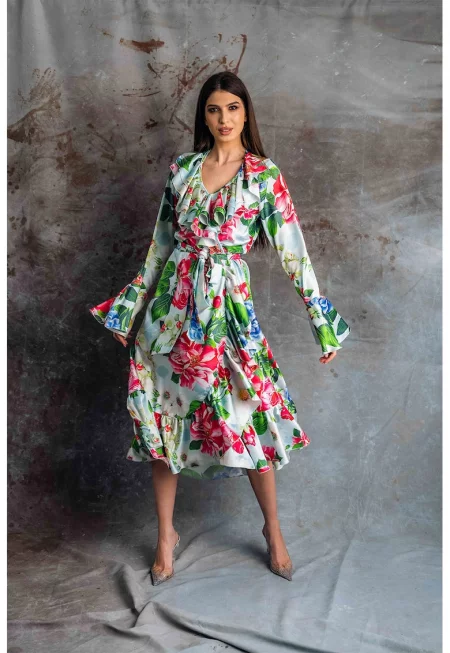 Рокля Zenna с коприна с набирания - Светлосин/Многоцветен