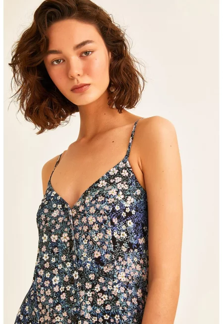 Шпиц рокля с флорален десен - Бял/Тъмносин