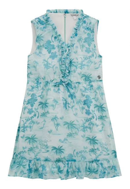 Шпиц рокля с принт - Бял/Тюркоаз