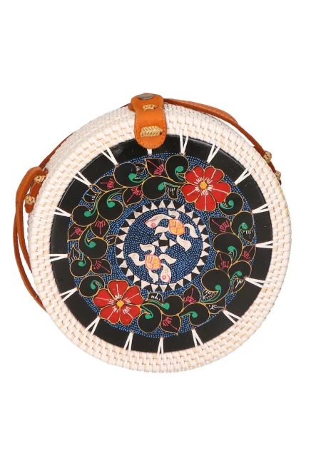 Сламена чанта през рамо - Слонова кост/Черен