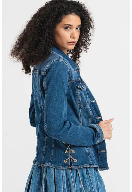 Слим яке от деним с връзки - Син меланж