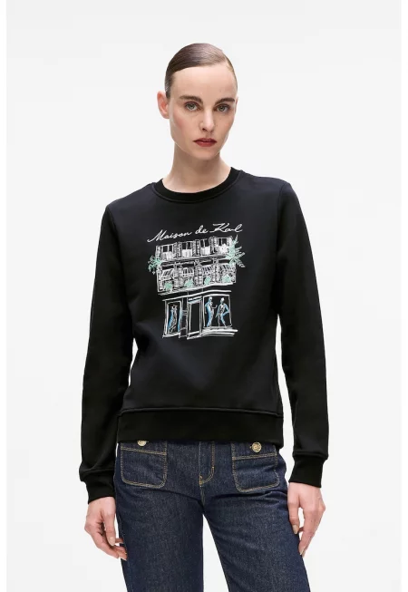 Суитшърт с овално деколте и принт - Бял/Зелен/Черен