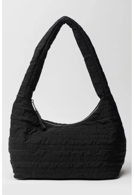 Текстилна хобо чанта с фиксирана презрамка - Черен