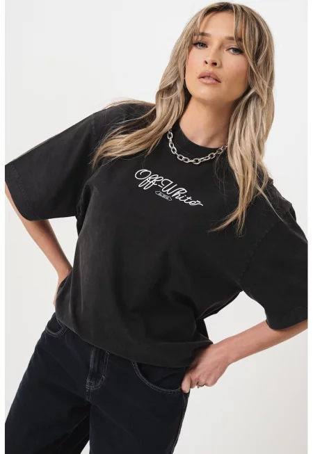 Тениска с овално деколте и лого - Бял/Тъмнокафяв