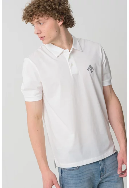 Тениска с яка и лого - Слонова кост