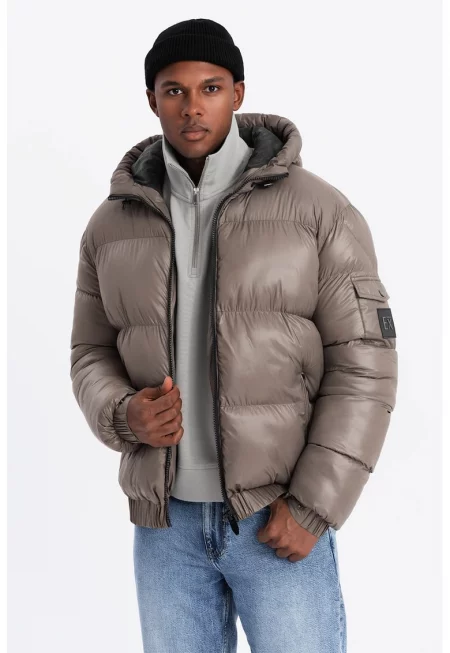 Ватирано зимно яке с джоб на ръкава - Сиво-кафяв