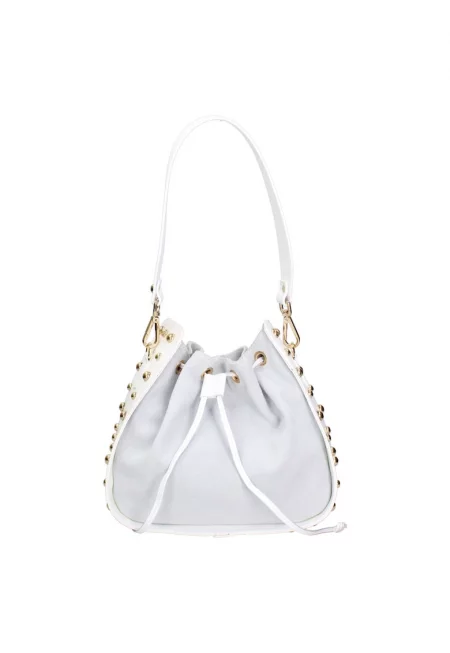 Велурена чанта за рамо с метални капси - Бял