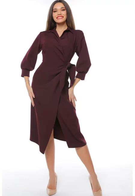 Застъпена рокля с шлиц отпред - Бордо
