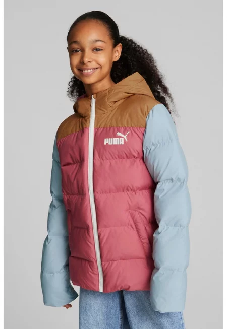 Зимно яке с дизайн с цветен блок и качулка - Карамел/Розово/Светлосин