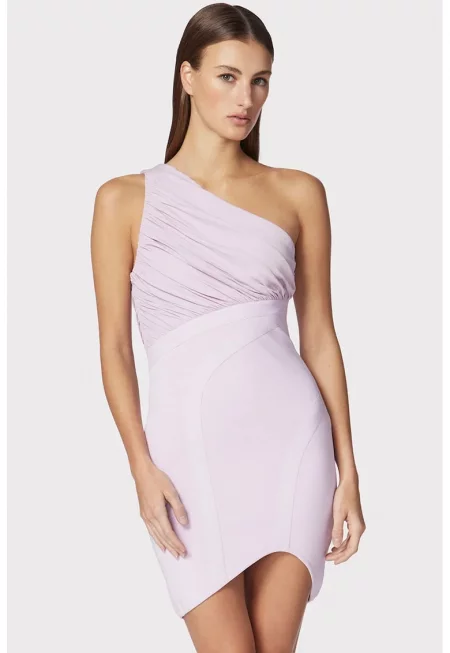 Асиметрична мини рокля с едно рамо и драпировка на бюста - Розово