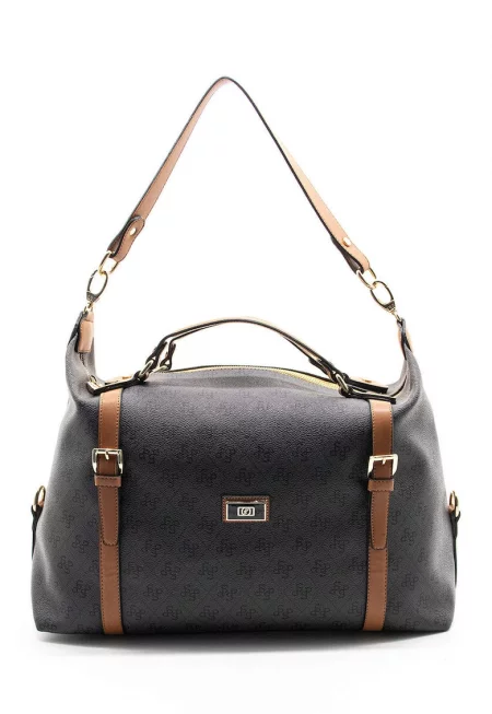 Чанта от еко кожа с принт - Избеляло черно/Карамел