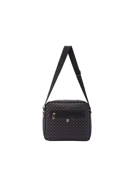 Чанта през рамо от еко кожа с шарка и лого на презрамката - Черен