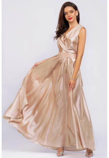 Дълга рокля без ръкави с джобове - Бежов