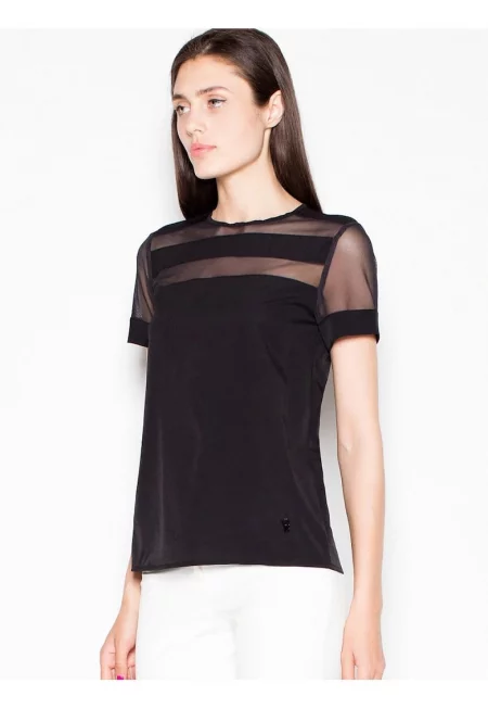 Дамска блуза  черна - къс ръкав - полукръгло деколте - качествена материя -