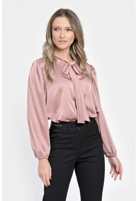 Дамска блуза от сатен - Елегантна с панделка V301 - Розова