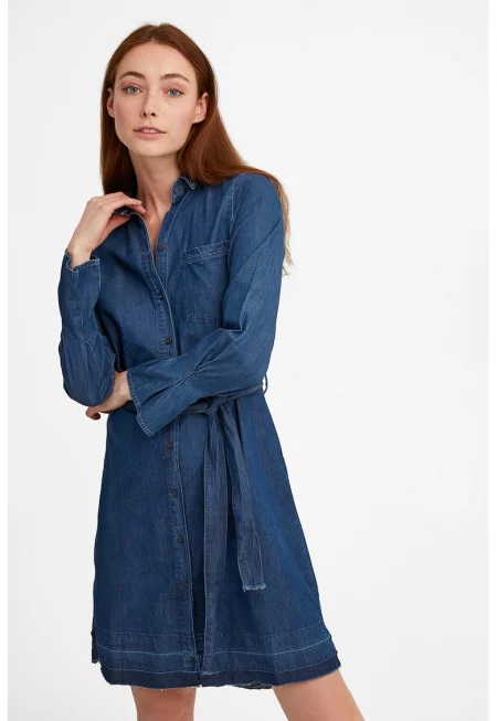 Дънкова рокля-риза с връзка на талията