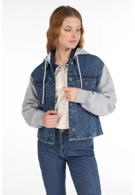 Дънково яке с контрастни ръкави и качулка - Сив меланж/Син