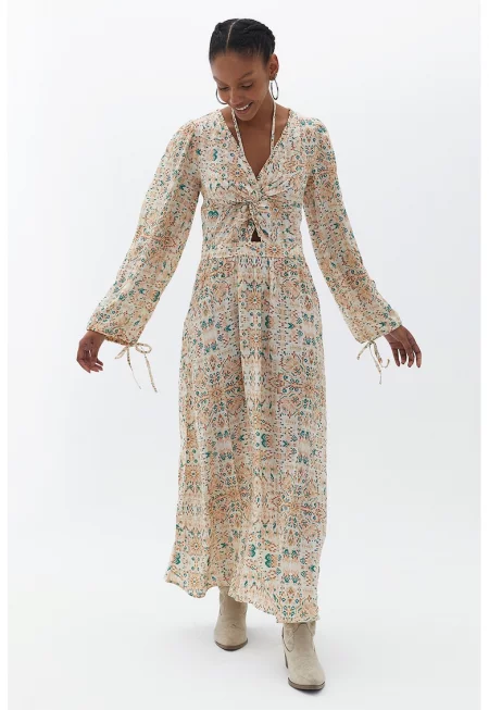 Десенирана шпиц рокля - Червен/Папратово зелено/Светло бежово