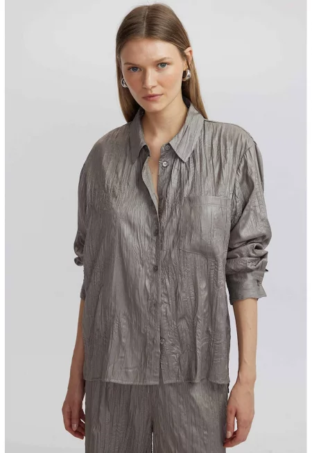 Едноцветна риза с джоб на гърдите - Сив
