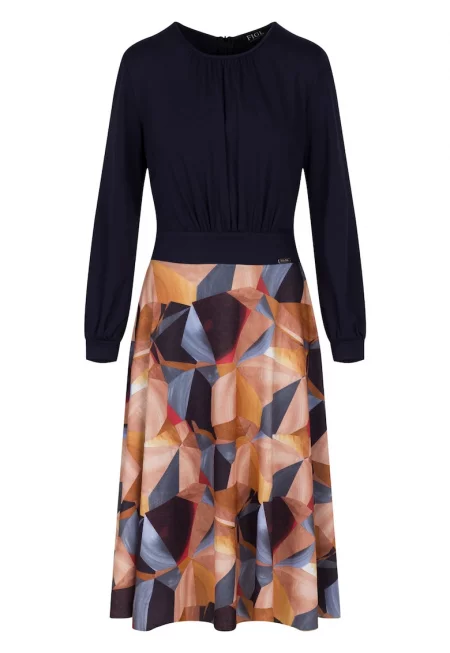 Елегантна рокля  M725 - дълъг ръкав - разкроена кройка - многоцветна - полиестер -