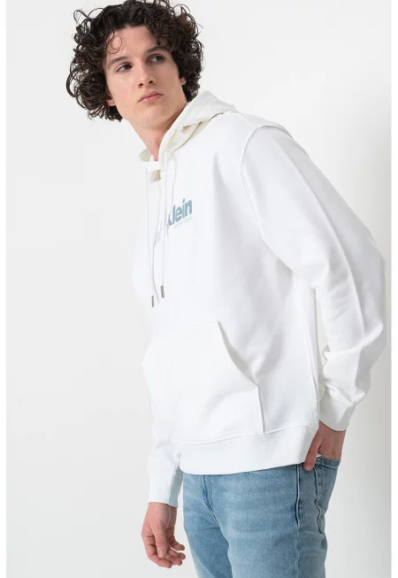 Худи с джоб кенгуру и лого - Бял/Персийско зелено