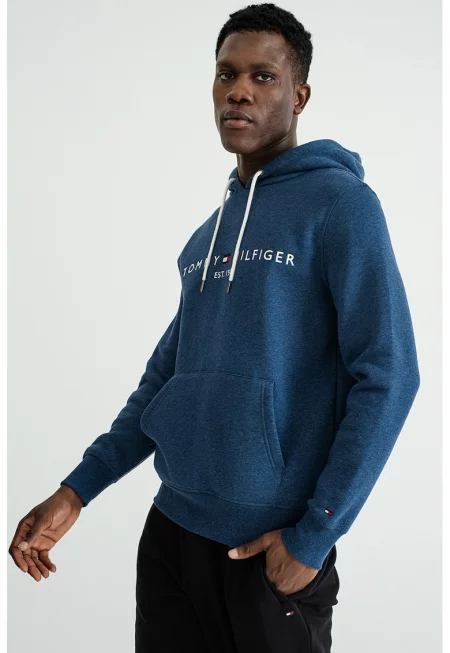 Худи с джоб кенгуру и лого - Тъмносин