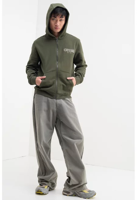 Худи с цип и бродирано лого - Тъмно каки